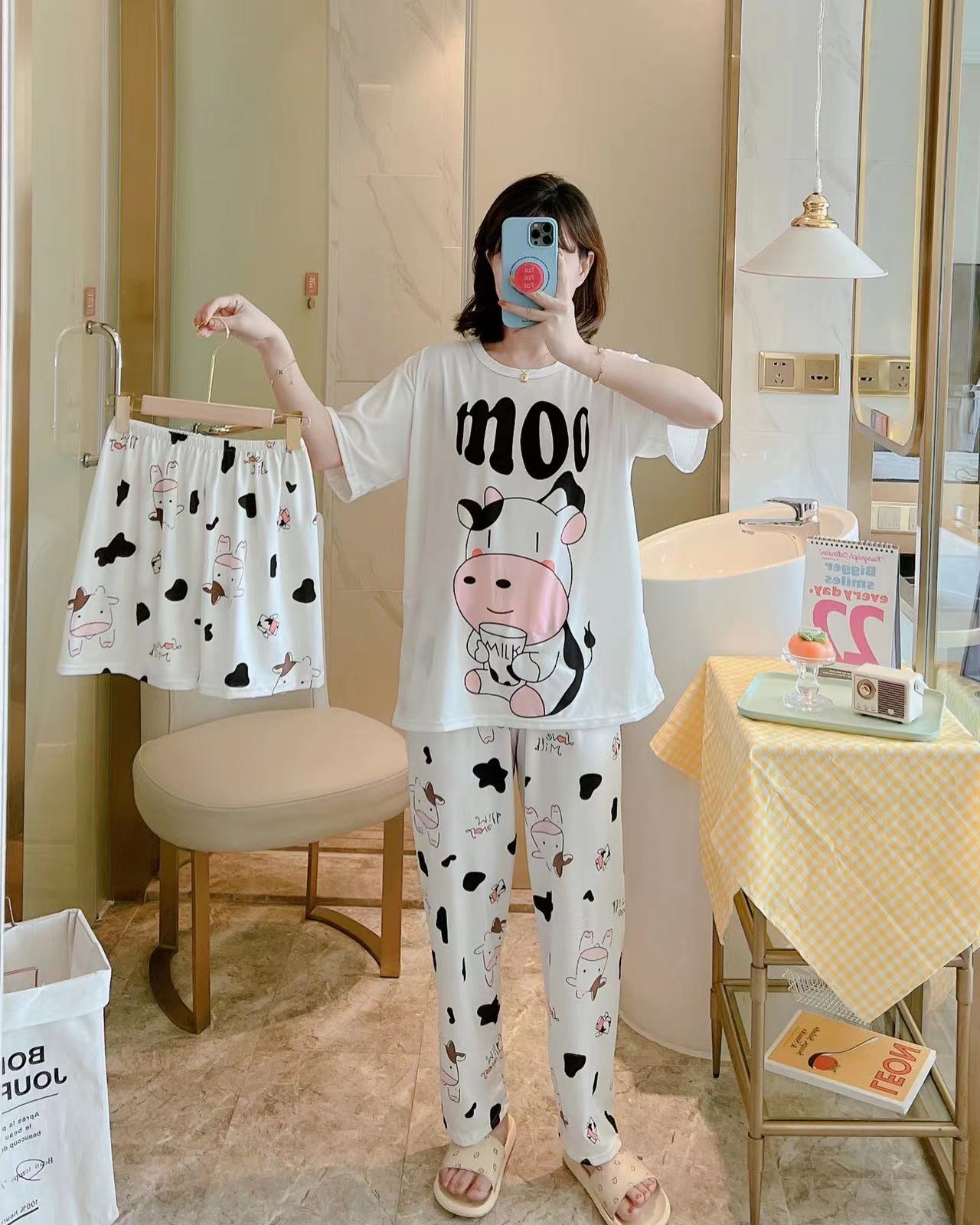 Pajamas Women‘s Summer Milk Silk Three-Piece Short Sleeve Shorts Trousers Loose plus Size Spring and Autumn summer New Home Wear 