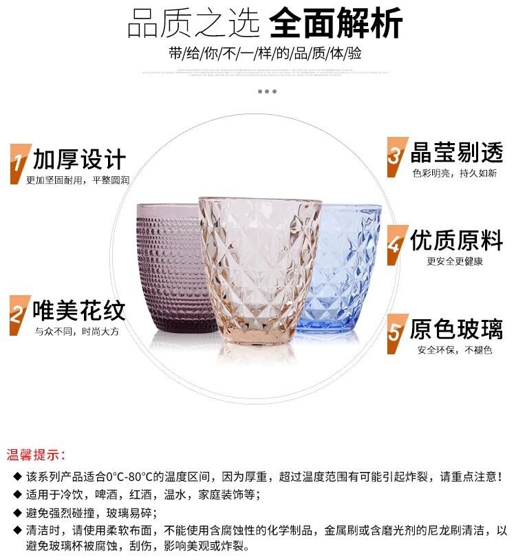 Factory direct sales of high-end European-style creative embossed glass cups, water cups, mouth cups, colorful cold water cups, mouthwash cups and juice cups Specification image