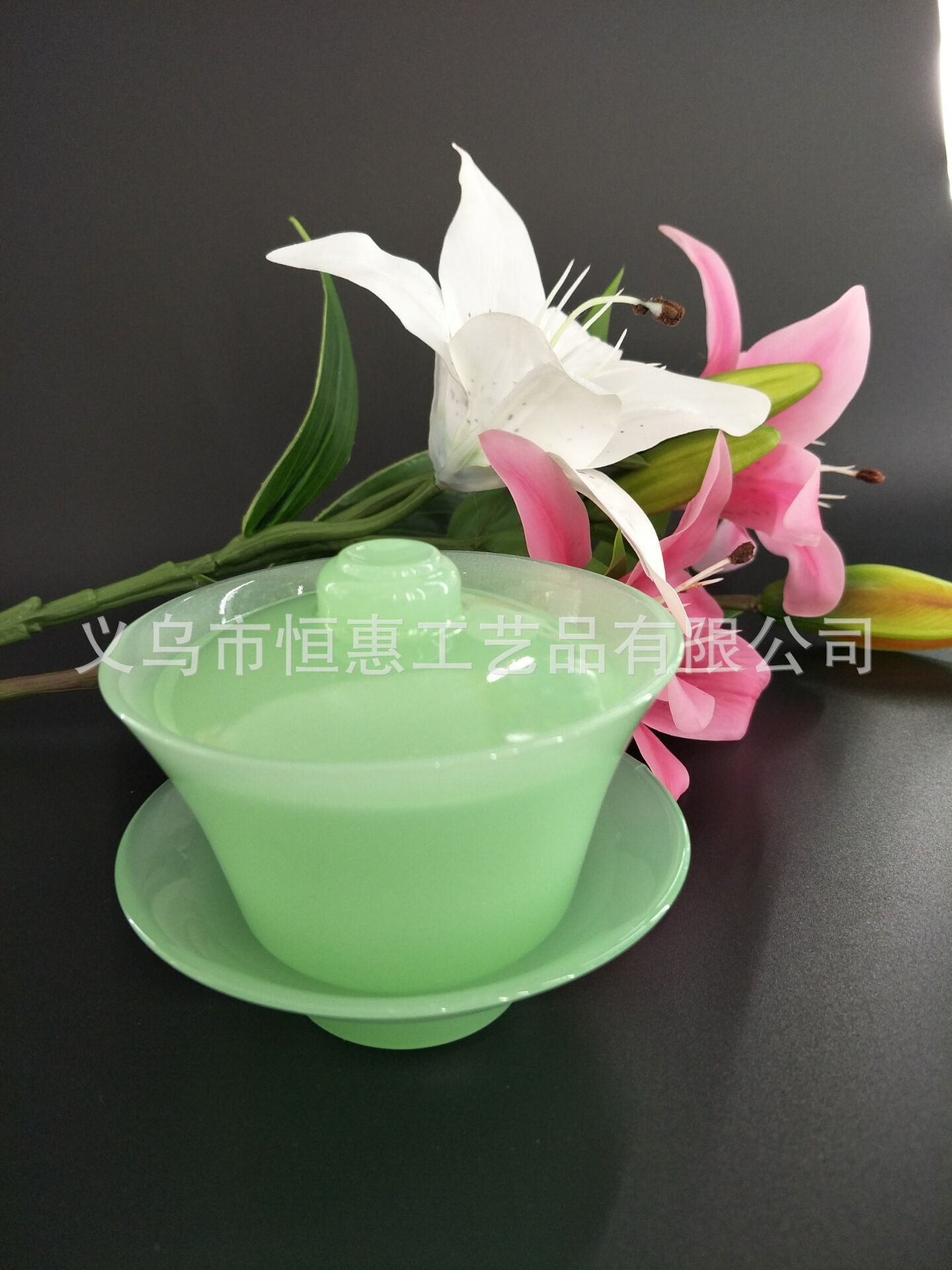 厂家批发礼品茶道茶具三件套玻璃仿玉茶盖碗，天天地摊货源 详情图2