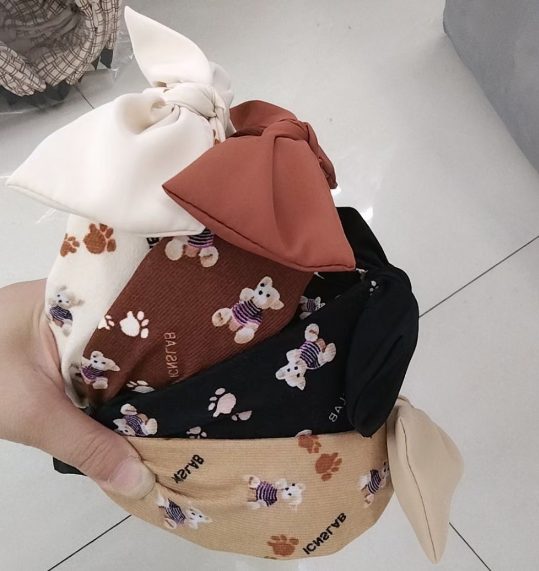 Autumn and winter faux fabric bear wide-brimmed headband bow
