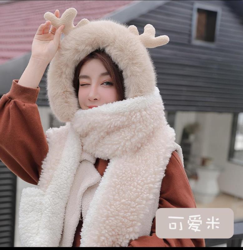 七巧豆新款帽子围巾三件套女冬天保暖毛绒甜美可爱小鹿角连体帽