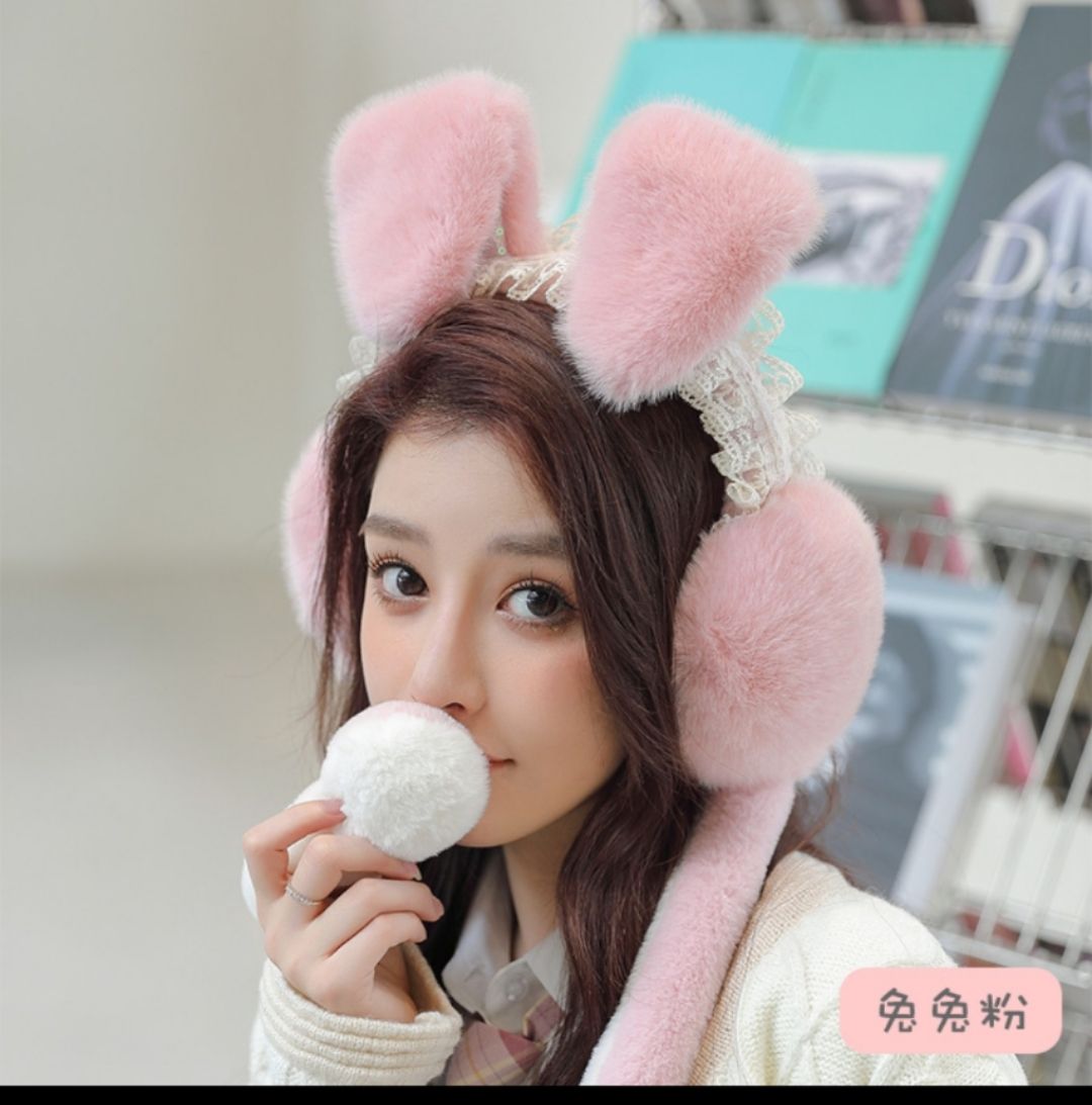 Ear muffs and ear covers for women, warm and cozy for winter ears, ear bags and ear coverings, rabbit ears can move, ear covers prevent freezing, cute winter Internet celebrity pink details Picture