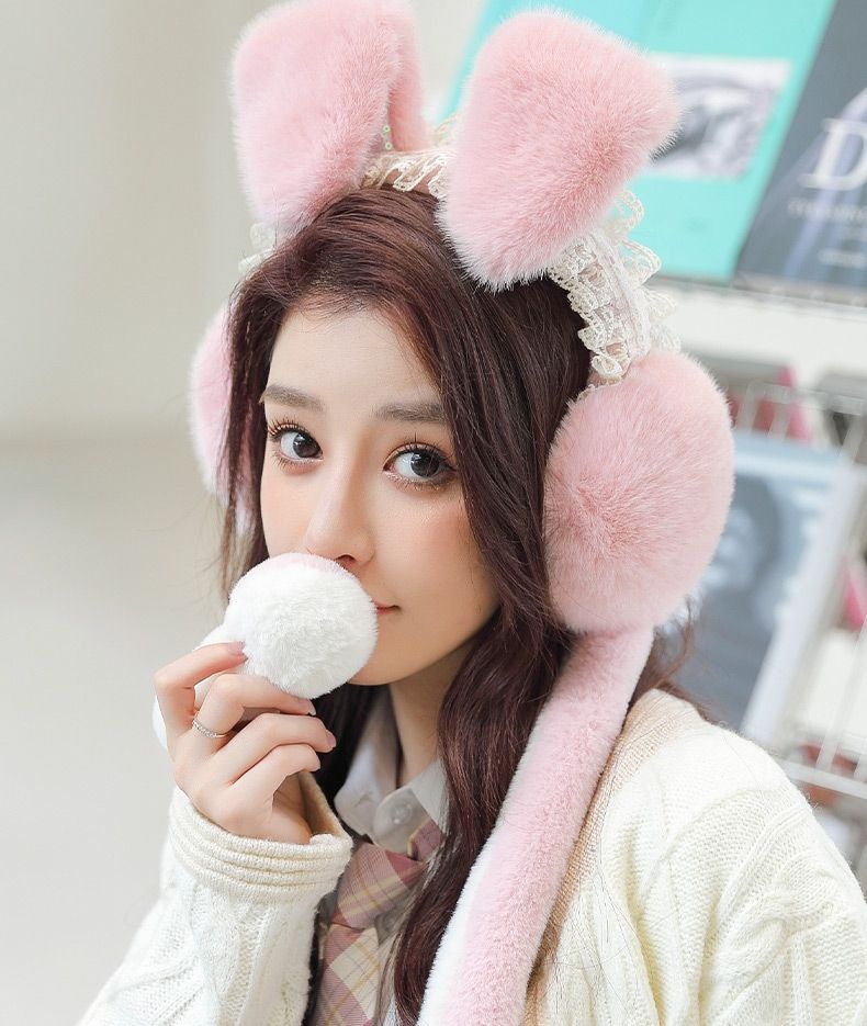 Ear muffs and ear covers for women, warm and cozy for winter ears, ear bags and ear coverings, rabbit ears can move, ear covers prevent freezing, cute winter Internet celebrity pink