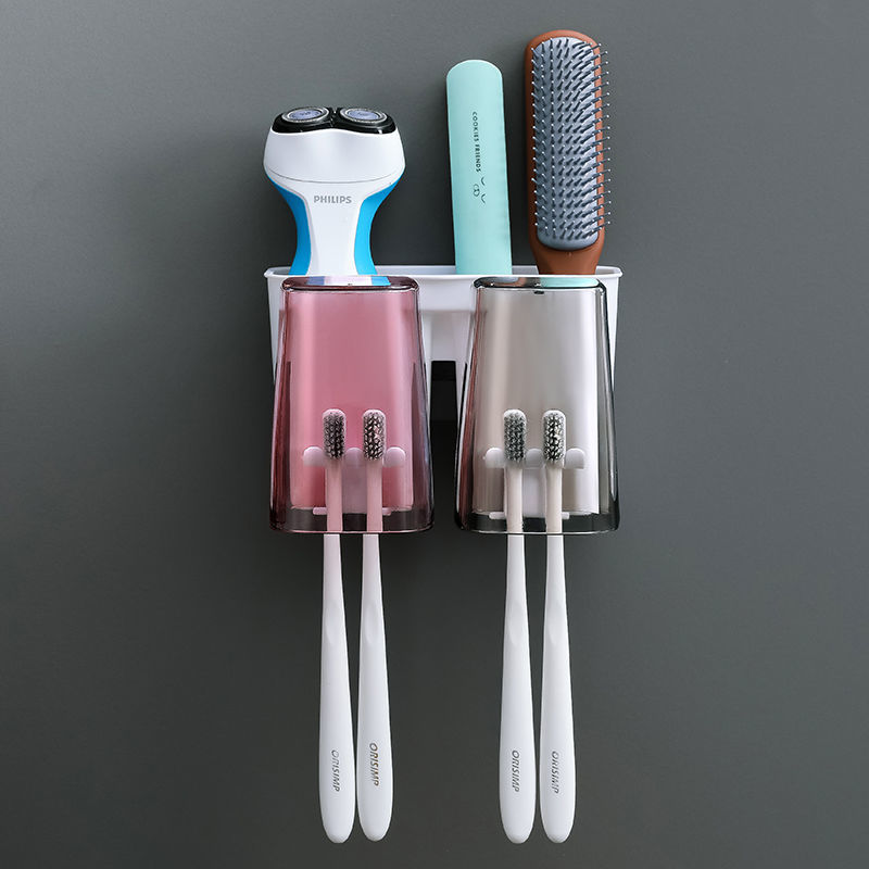 卫生间挂壁牙刷架浴室免打孔洗漱杯刷牙架子透明创意无痕牙杯架子