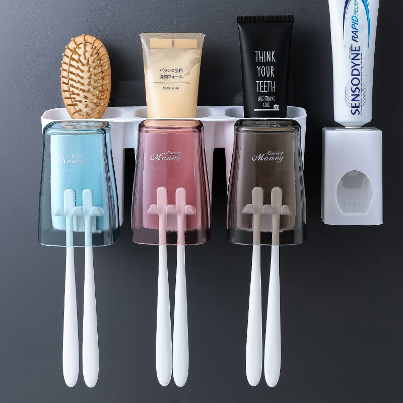 卫生间免打孔牙刷架浴室无痕挂壁架透明创意牙杯架自动挤牙膏架子详情图7