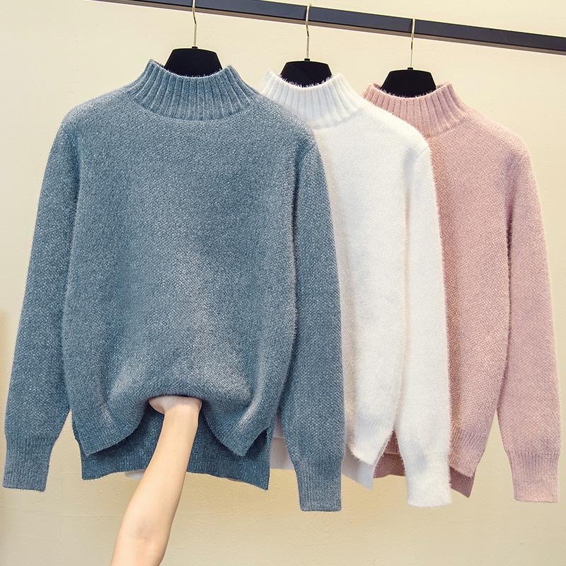 Cuello medio alto imitación visón terciopelo suéter engrosado mujer otoño invierno nueva versión coreana manga suelta jersey legging 5 Specification image