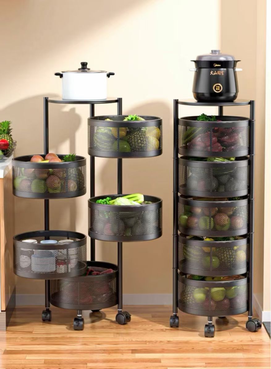 Kitchen vegetable storage rack, circular floor-standing multi-layer rotatable vegetable basket, storage rack, sundries, fruit rack, supplies Application Scenario