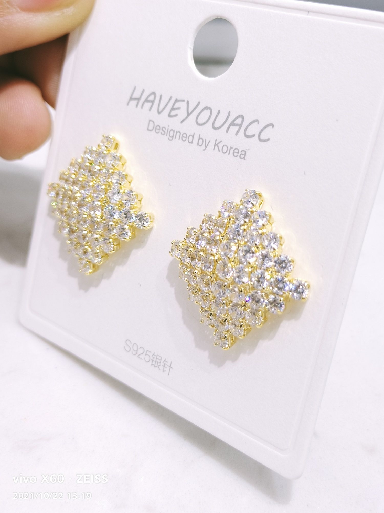 轻奢韩版高贵气质流行镀真金可爱甜美保色几何小众防过敏真锆S925银针环保耳环耳饰