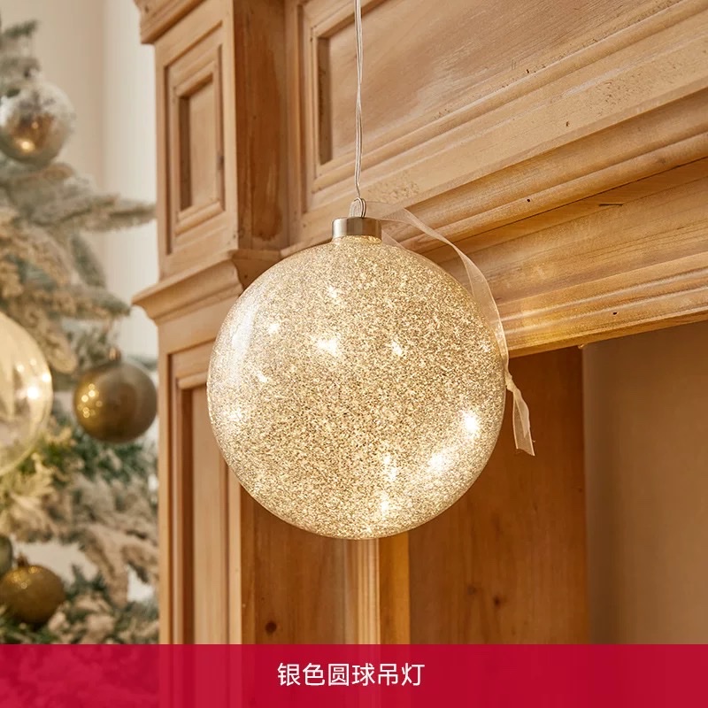 Christmas decorative lights, shop Windows, festive atmosphere, scene arrangement, decorative items, illuminated Christmas glass hanging balls, silver round ball chandeliers, 15cm battery boxes