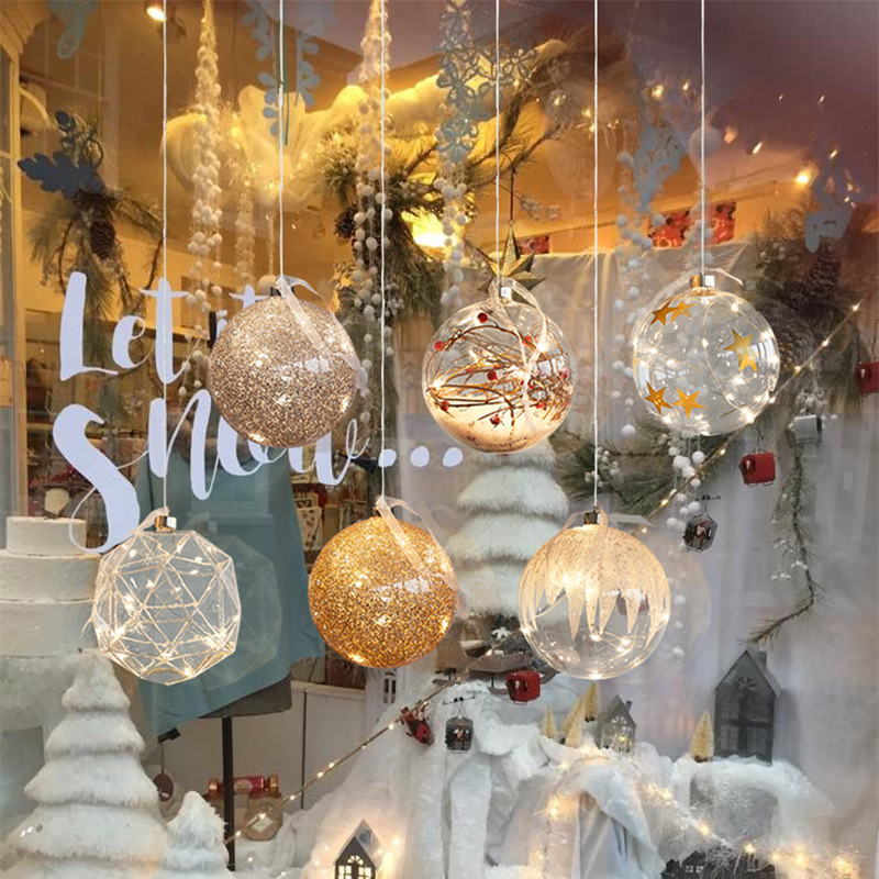 Christmas decorative lights, shop Windows, festive atmosphere, scene arrangement, decorative items, illuminated Christmas glass hanging balls, golden five-star round ball chandeliers, 15cm battery boxes Specification image