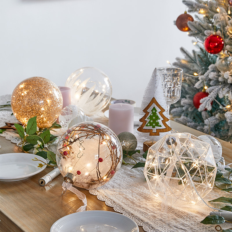Christmas decorative lights, shop Windows, festive atmosphere, scene arrangement, decorative items, illuminated Christmas glass hanging balls, golden five-star round ball chandeliers, 15cm battery boxes details Picture