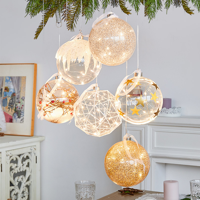 Christmas decorative lights, shop Windows, festive atmosphere, scene arrangement, decorative items, illuminated Christmas glass hanging balls, golden round ball chandeliers, 15cm battery boxes Application Scenario