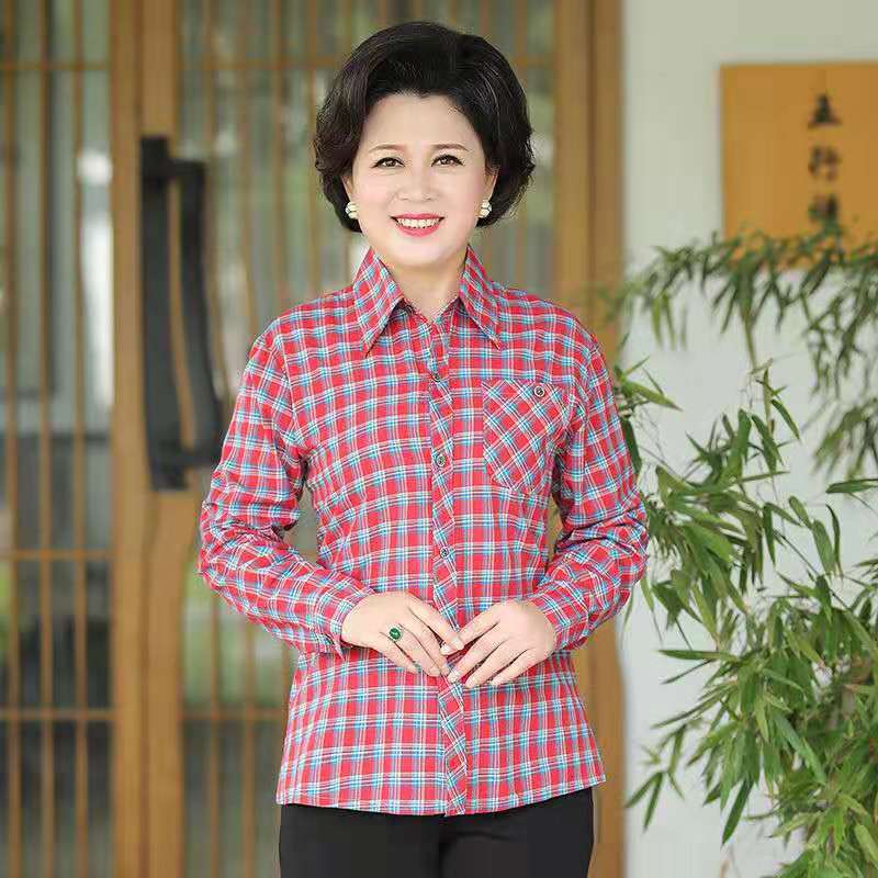 Cotton checked shirts for middle-aged and elderly women's clothing Item Picture