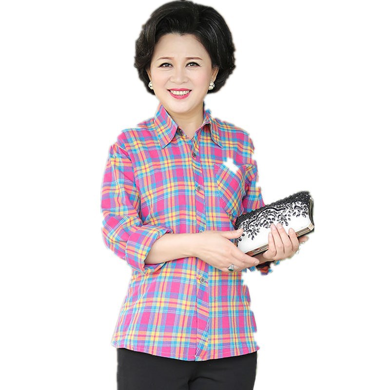 Cotton checked shirts for middle-aged and elderly women's clothing details Picture