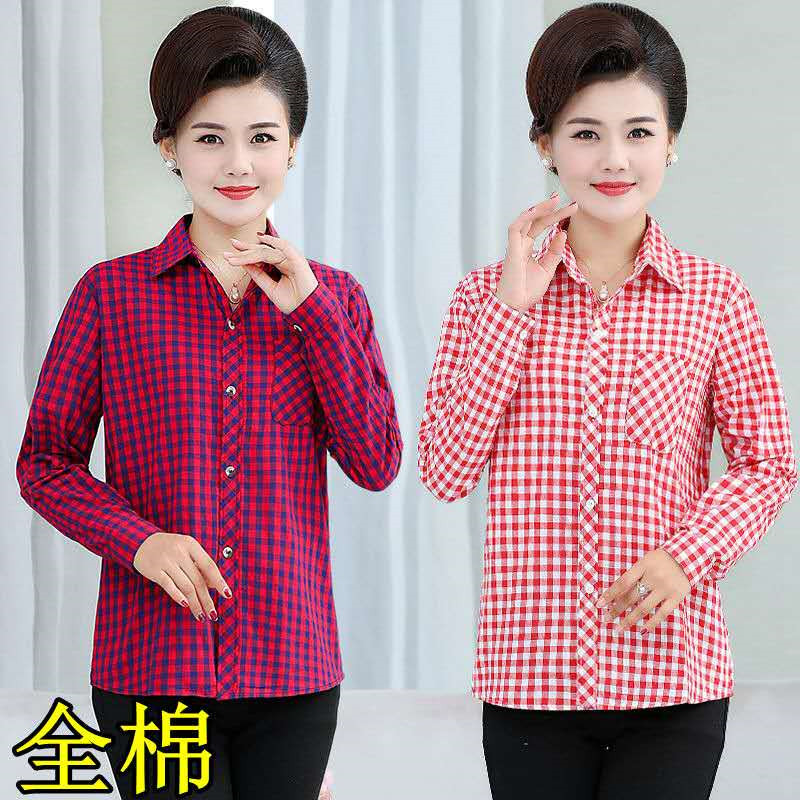 Wholesale of new Korean style cotton brushed plaid shirts for middle-aged and elderly women details Picture