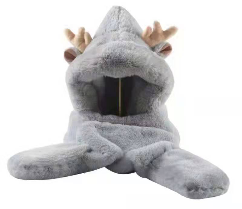 成人卡通耳朵连体三件套冬季保暖帽子围巾手套三件套套装全绒帽灰色图