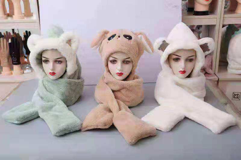 Adult cartoon ear one-piece set, winter warm hat, scarf, glove three-piece set, full fleece cap