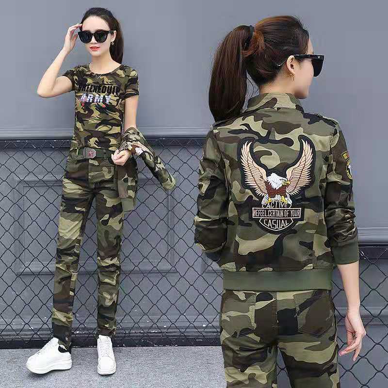 迷彩三件套装女2021春季新品小个子纯棉休闲运动洋气水兵舞两件套详情图1