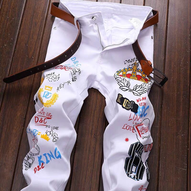 البنطال ذو البنطال الأبيض المطبوع باللون الكوري، ذو الأرجل الصغيرة Item Picture