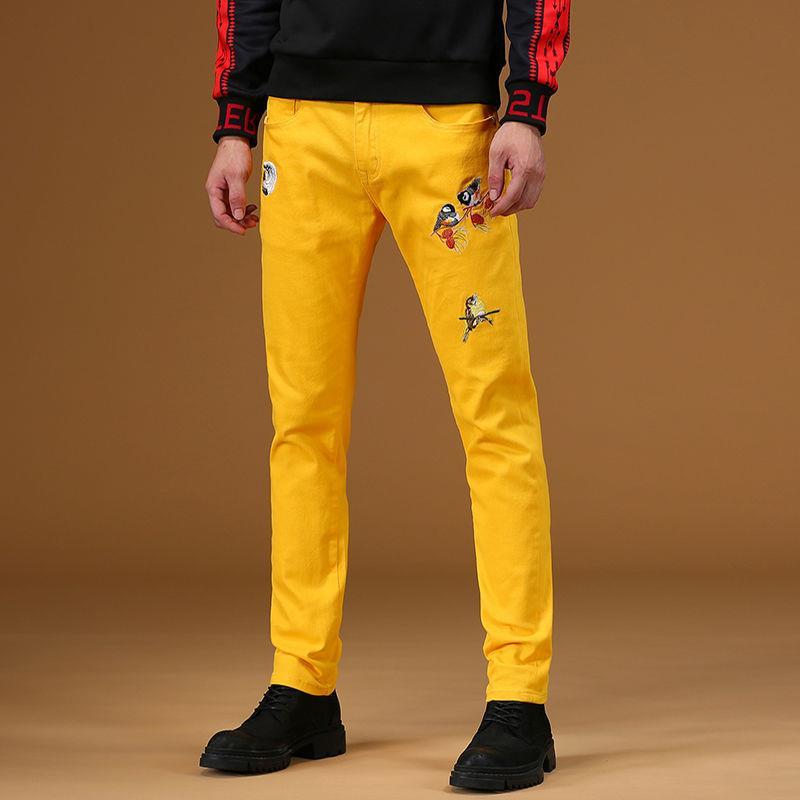 China marca de moda bordado jeans hombre slim pie pequeño primavera personalidad bordado casual stretch pantalones largos detail image 4