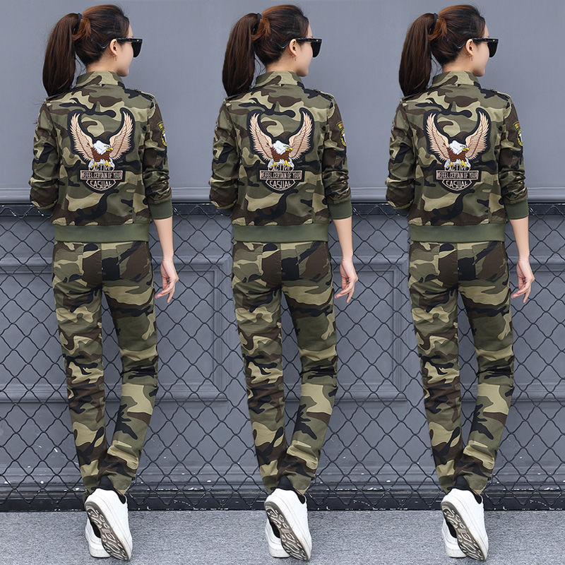 迷彩三件套装女2021春季新品小个子纯棉休闲运动洋气水兵舞两件套详情图2