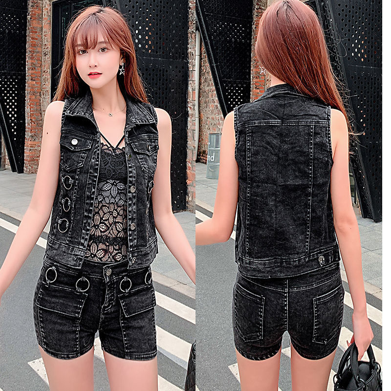 时尚牛仔套装女2021秋季新款韩版修身显瘦百搭马甲+短裤两件套潮详情图4