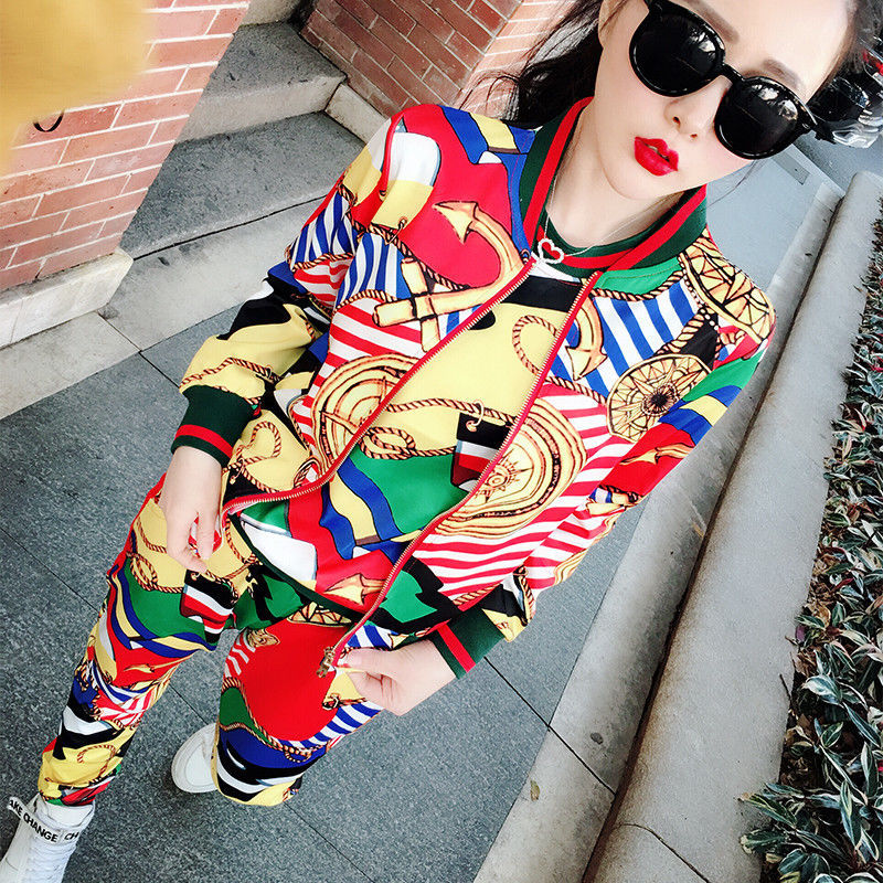 套装女时尚欧洲站2021秋装新款运动显瘦时髦印花休闲外套三件套潮详情图8