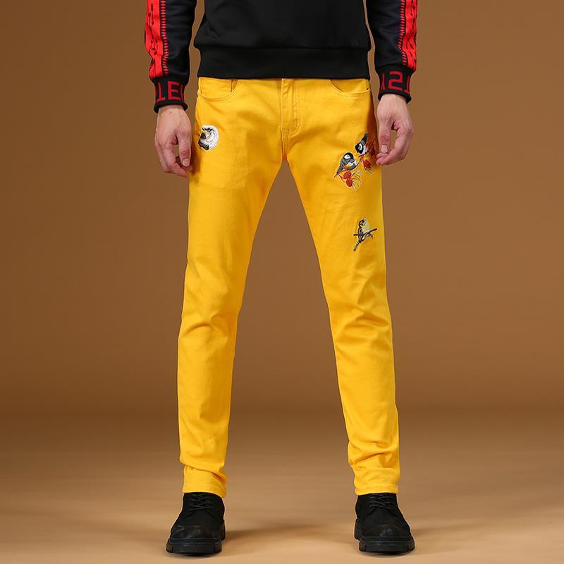 China marca de moda bordado jeans hombre slim pie pequeño primavera personalidad bordado casual stretch pantalones largos detail image 1