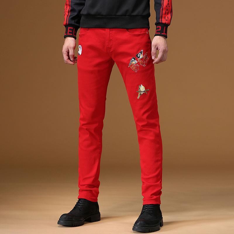China marca de moda bordado jeans hombre slim pie pequeño primavera personalidad bordado casual stretch pantalones largos detail image 7