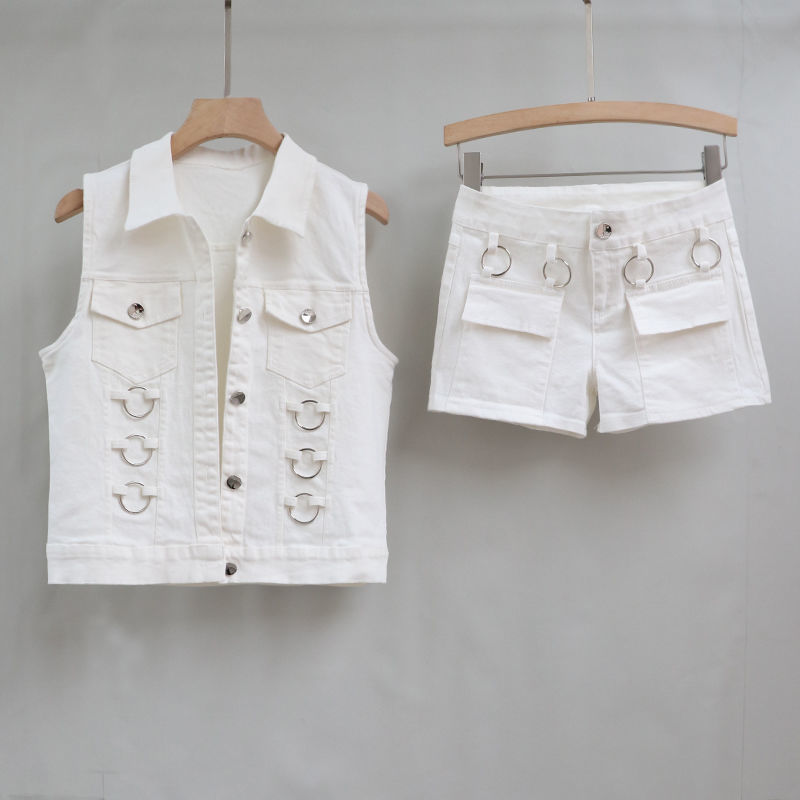 时尚牛仔套装女2021秋季新款韩版修身显瘦百搭马甲+短裤两件套潮详情图3