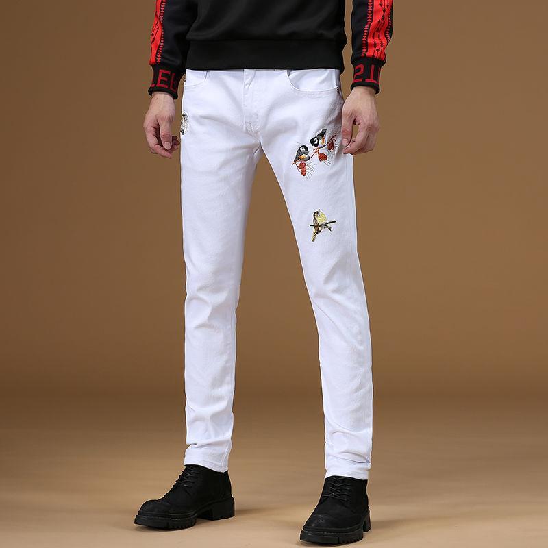 China marca de moda bordado jeans hombre slim pie pequeño primavera personalidad bordado casual stretch pantalones largos detail image 8