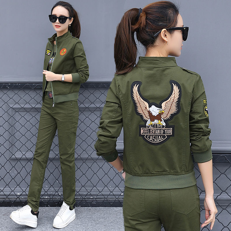 迷彩三件套装女2021春季新品小个子纯棉休闲运动洋气水兵舞两件套详情图4