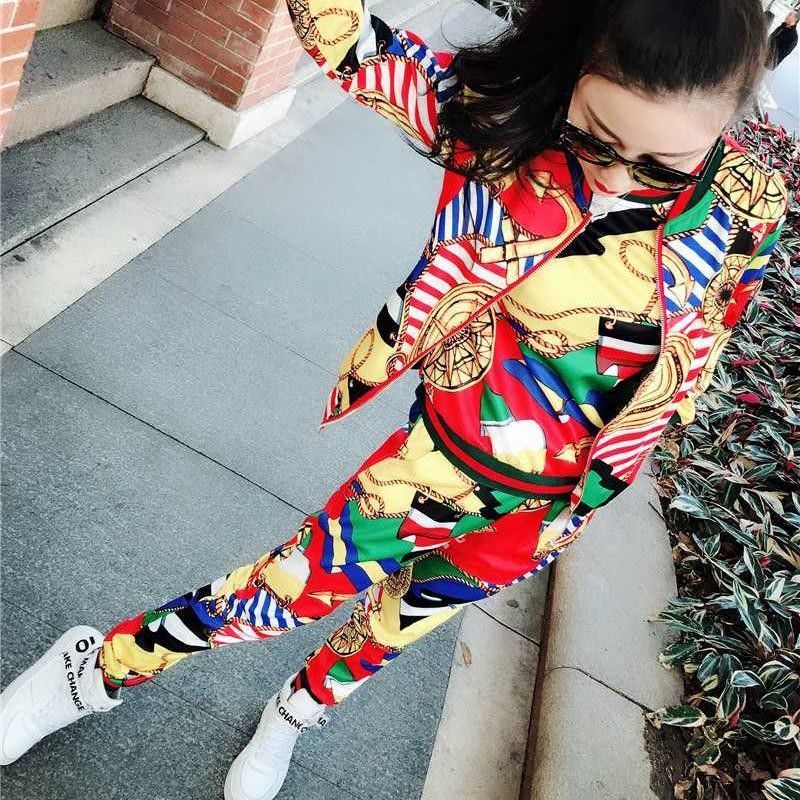 套装女时尚欧洲站2021秋装新款运动显瘦时髦印花休闲外套三件套潮详情图2