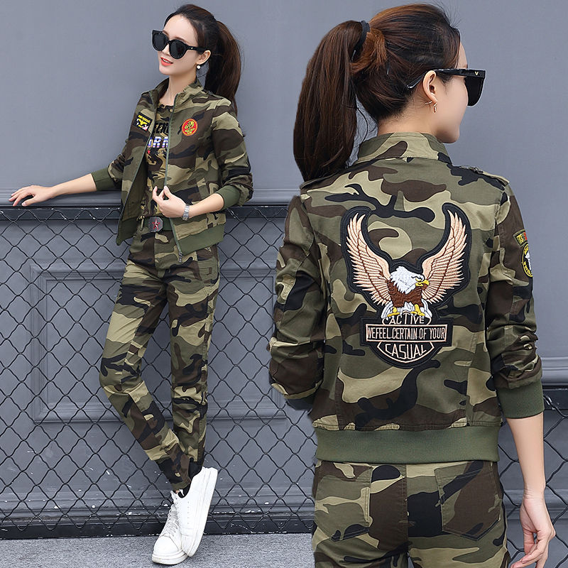 迷彩三件套装女2021春季新品小个子纯棉休闲运动洋气水兵舞两件套详情图5