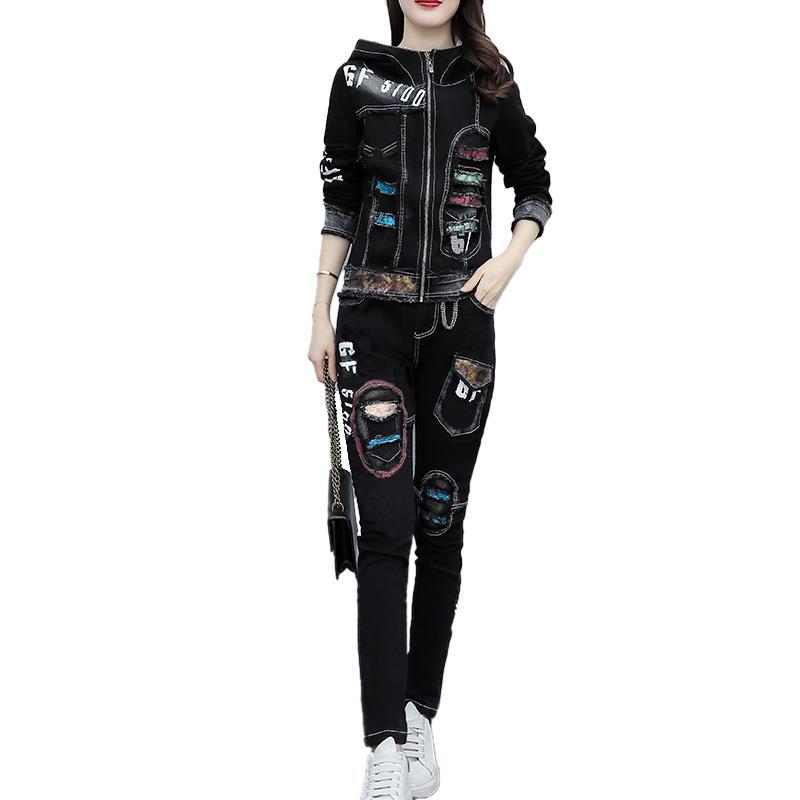 欧洲站2021年早秋季新款大码牛仔套装女短款外套加牛仔裤三件套潮