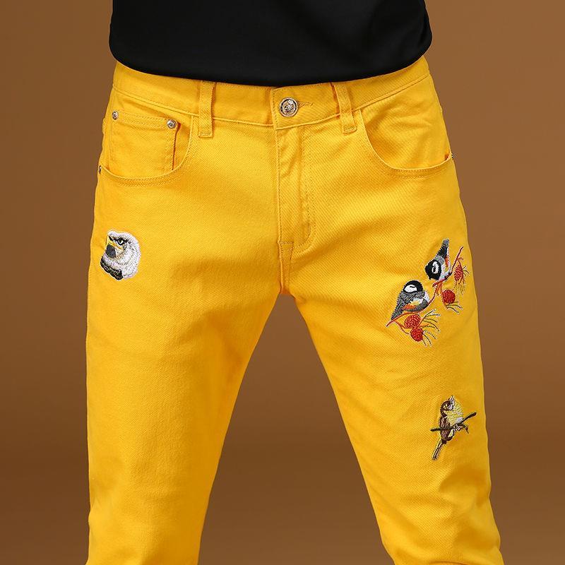 China marca de moda bordado jeans hombre slim pie pequeño primavera personalidad bordado casual stretch pantalones largos detail image 3