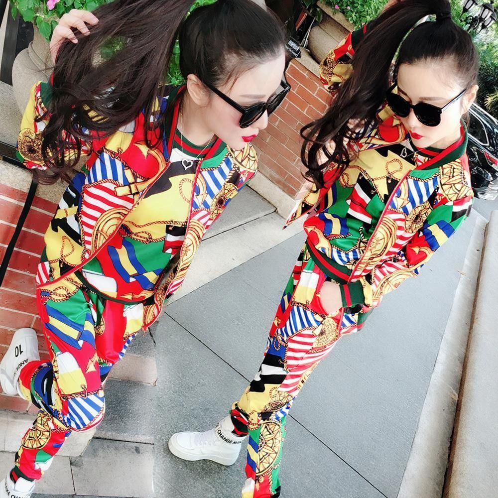 套装女时尚欧洲站2021秋装新款运动显瘦白底实物图