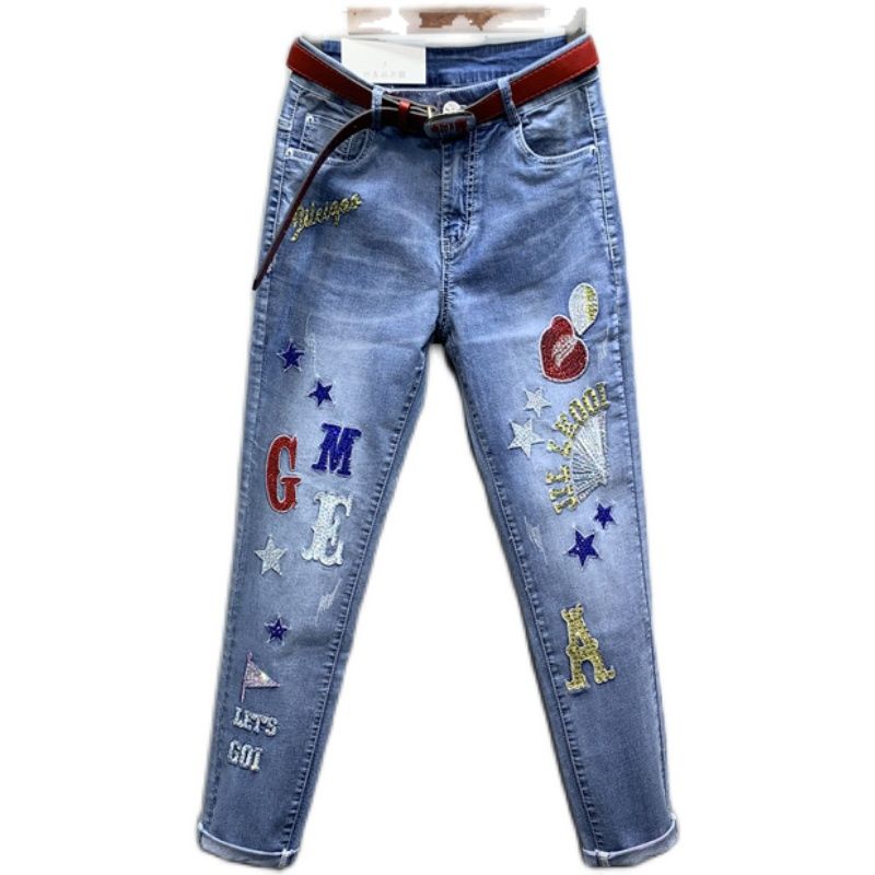 Original European brand 2021 new high-waisted stretch light blue small-leg pencil pants, heavy embroidery and hot diamond jeans spring