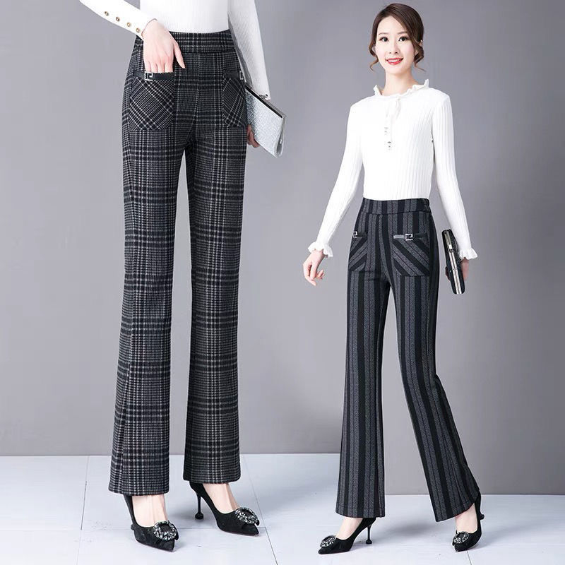 弹力休闲喇叭裤女2021秋冬新款高腰修身显瘦格子时尚微喇叭裤长裤详情图11
