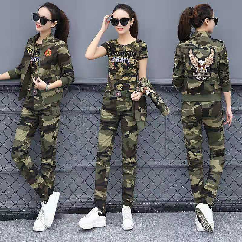 迷彩三件套装女2021春季新品小个子纯棉休闲运动洋气水兵舞两件套详情图6