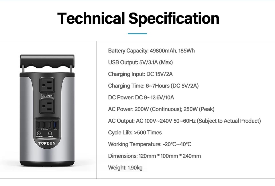 Topdon H200 便携式储能电源185WH容量 200W纯 Sinesave储能电源，带4个USB端口详情图18