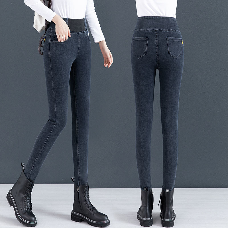 大码松紧腰牛仔裤女2021秋冬新款高腰弹力胖mm修身小脚长裤铅笔裤详情图6
