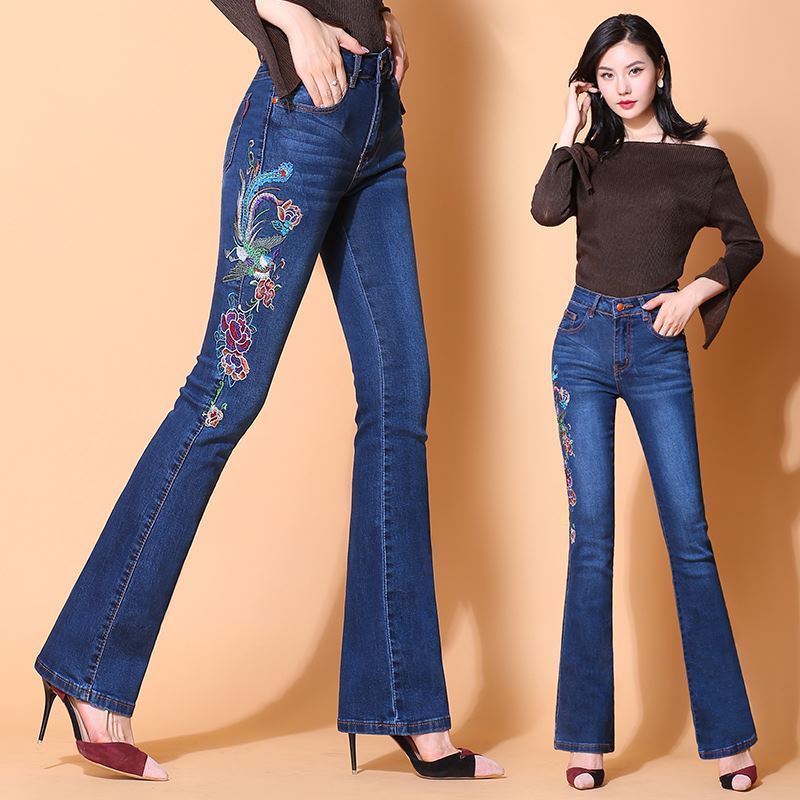 Embroidered flared jeans for women, new high-waisted women's trousers, slimming and form-fitting, wide-leg, ethnic-style embroidered flared pants detail image 4