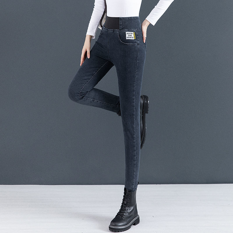 大码松紧腰牛仔裤女2021秋冬新款高腰弹力胖mm修身小脚长裤铅笔裤详情图11