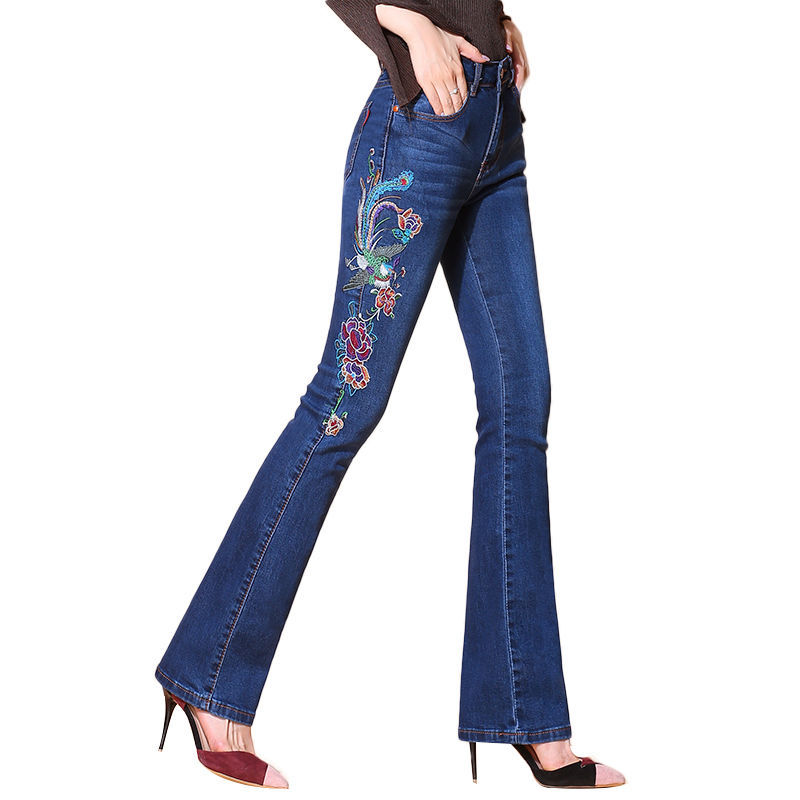 Embroidered flared jeans for women, new high-waisted women's trousers, slimming and form-fitting, wide-leg, ethnic-style embroidered flared pants detail image 1