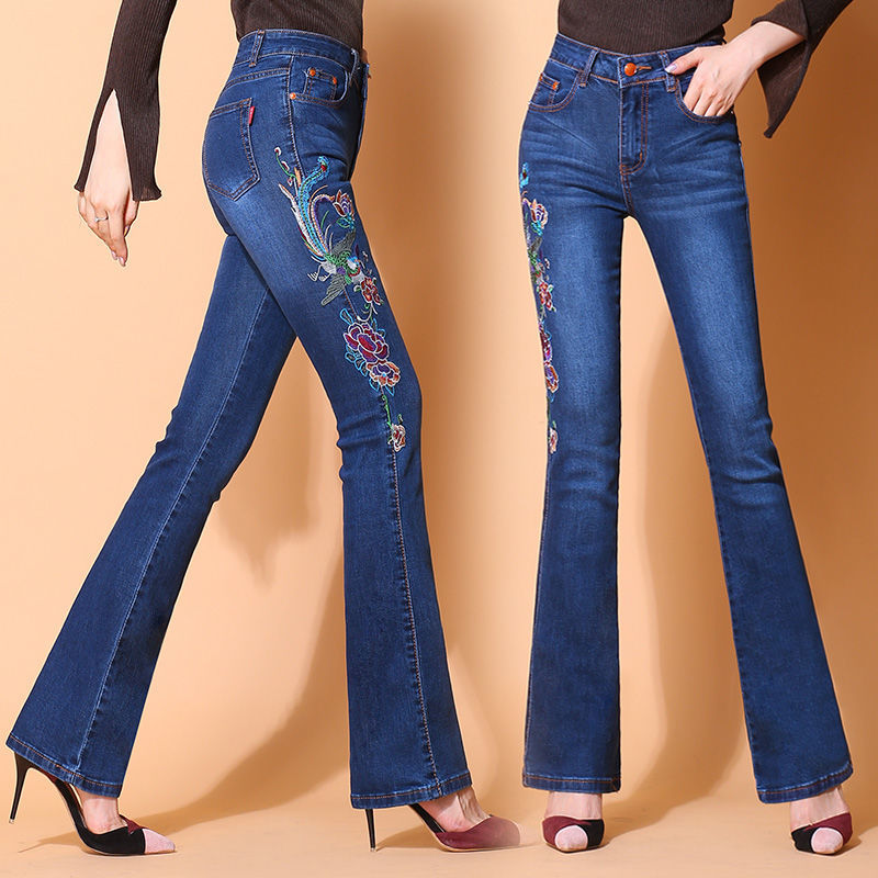 Embroidered flared jeans for women, new high-waisted women's trousers, slimming and form-fitting, wide-leg, ethnic-style embroidered flared pants detail image 9