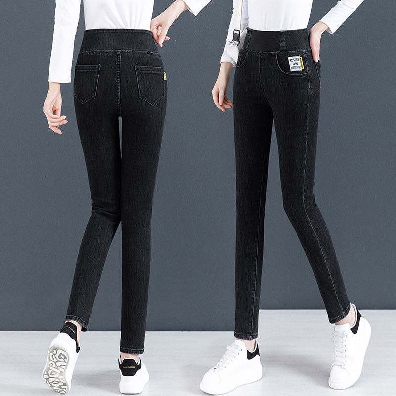 大码松紧腰牛仔裤女2021秋冬新款高腰弹力胖mm修身小脚长裤铅笔裤详情图10