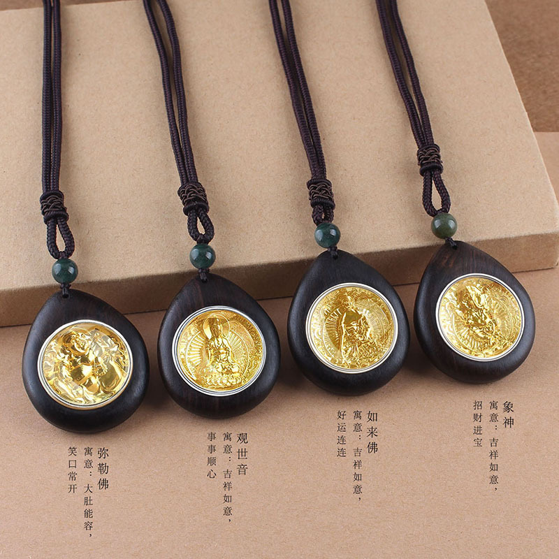 民族风八宝佛像吊坠项链可转动黑檀木长款毛衣链旅游景区饰品挂