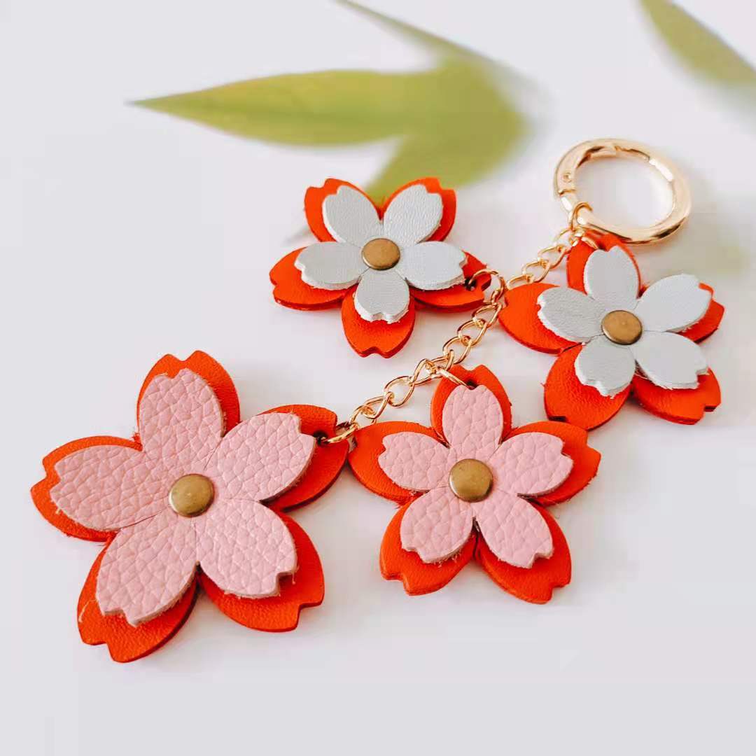 Pure handcrafted genuine leather ladies' bag pendant, cherry blossom-themed key bag pendant, Korean keychain, romantic and fresh girl style