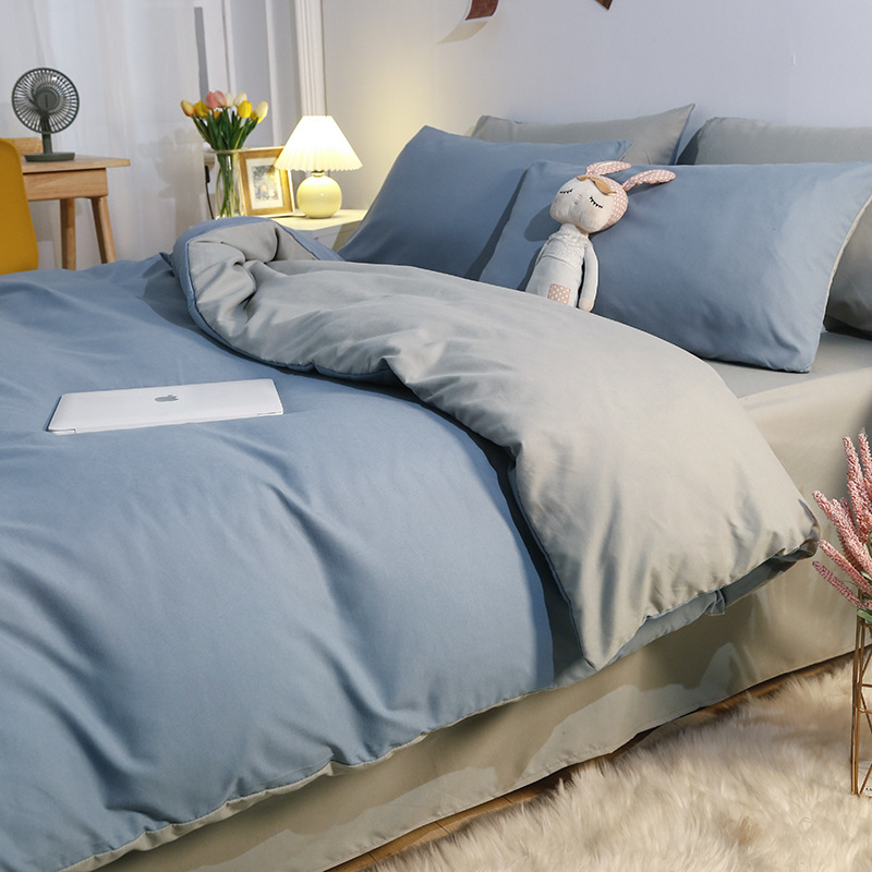 Solid Color 100% Washed Cotton 4-Piece Nude Sleeping Embroidered Bed Sheet Cover Pillowcase Student Dormitory Bedding Kit undefined